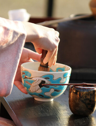 Image of woman's hand stirring tea leaves in a tea cup. 