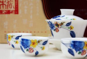 Image of a colorful blue and white tea set.