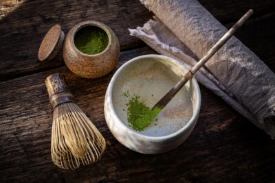 Image of macha leaves in tea cup