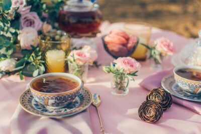 Image of beautiful soft pink tea tablescape