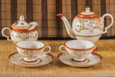 Image of vintage teaset white with asian markings