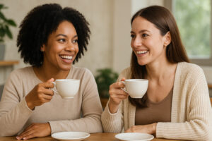 image of two lady friends smiling and sipping tea.
