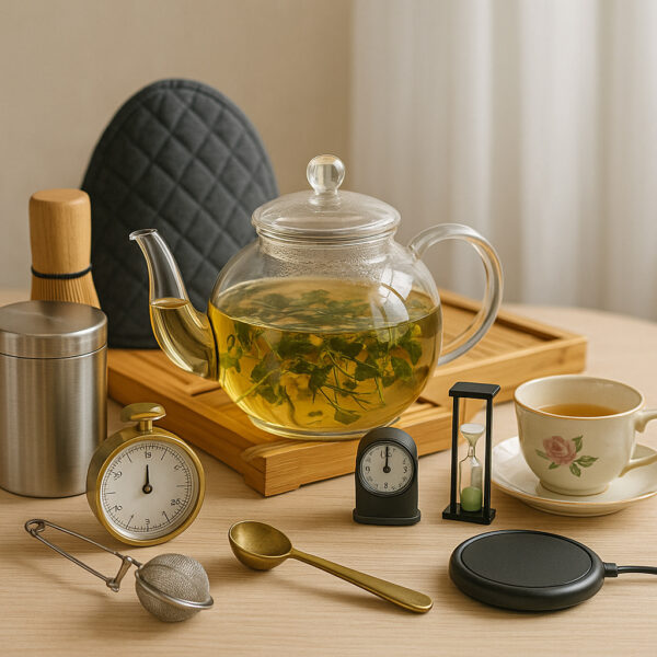 Image of Glass kettle and other tea acdessories