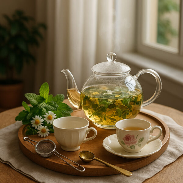 Image of lovely teapot, teacups, Spoon and strainer
