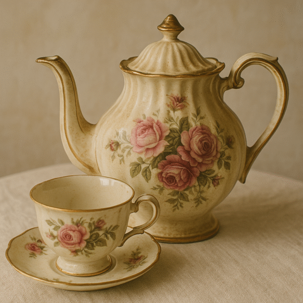 image of antique teapot and teacup with saucer
