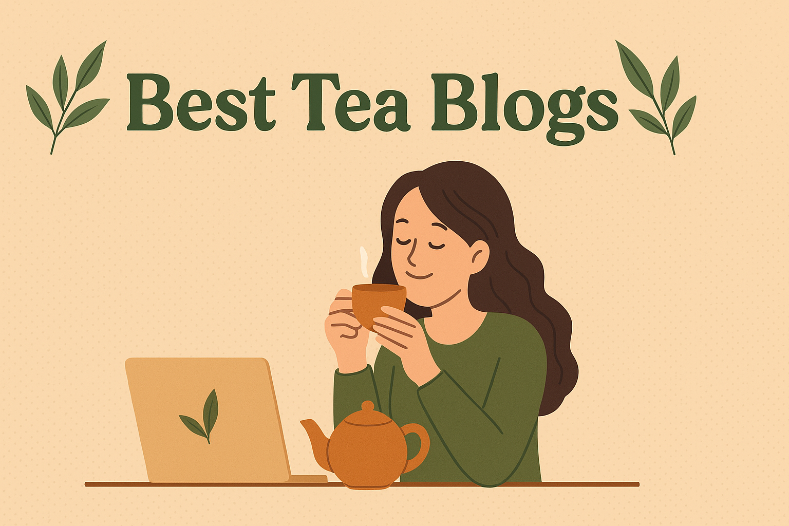 Image of woman drinking tea in front of notebook with text "Best Tea Blogs