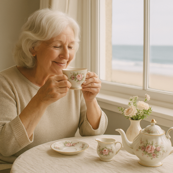 image of happy senior woman drinking tea