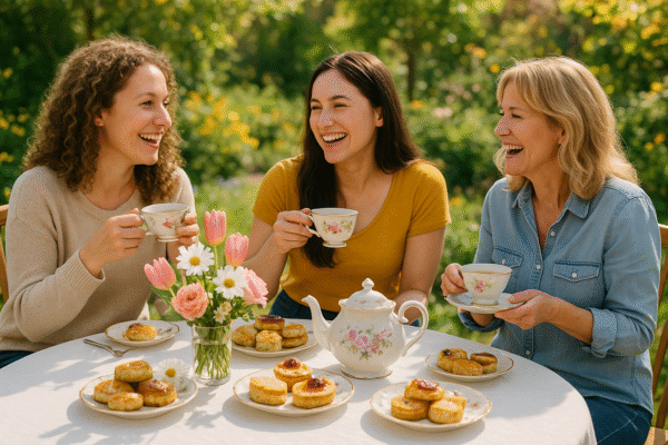 image of women drinking tea arounda beautilf table