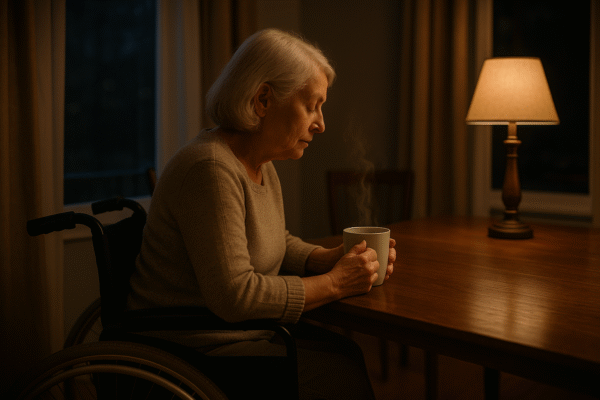 image of old woman in low light with a cup of tea