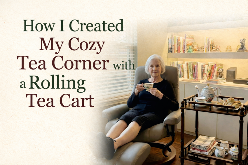 Image of woman in reclinder holding t eacup with rolling tea cart beside her.