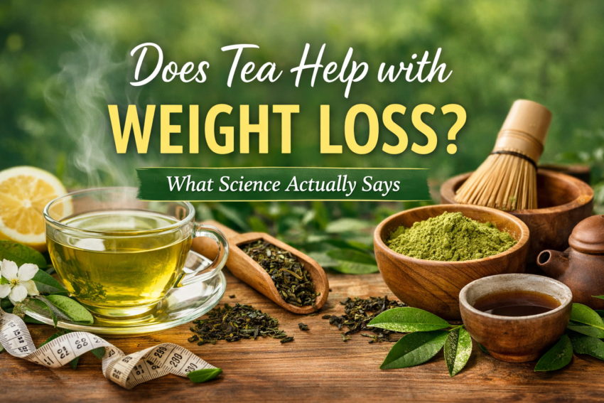 Header image with text "Does tea help with weight loss"