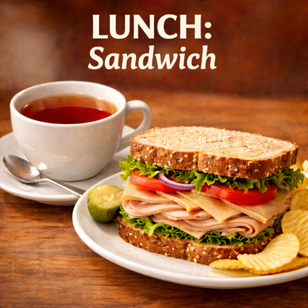 Image of cup of tea and sandwich