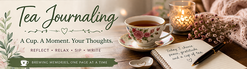 Blog Header image with text "Tea Journaling" Sip, Write, Reflect
