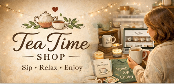 Page Header Imge with text Tea Time Shop -Sip, Relax, Enjoy